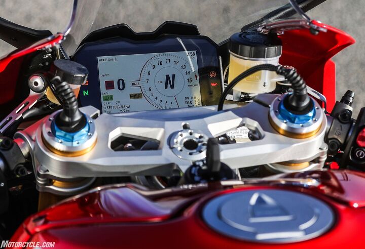 2018 ducati panigale v4 first ride review 10 things you need to know, Wires atop the fork tubes send electronic signals to the damping circuits based on data gathered by the six axis IMU