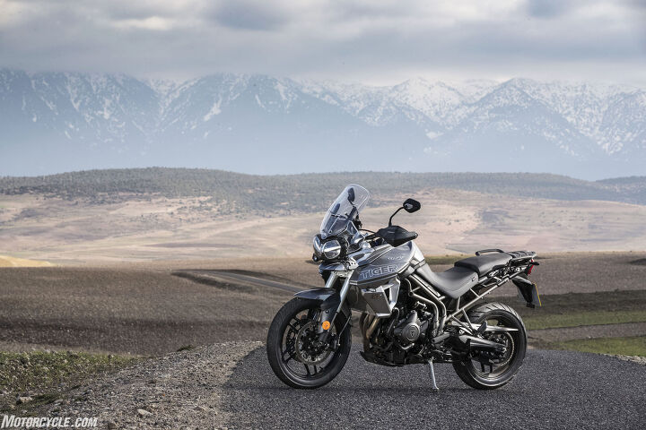 2018 triumph tiger 800 xrt and xca review first ride, With completely redesigned models Triumph has moved its Tiger 800 line forward in a big way for 2018 Shown here against the Atlas Mountains in the country of Morocco the XRt is the top road going model in the clan