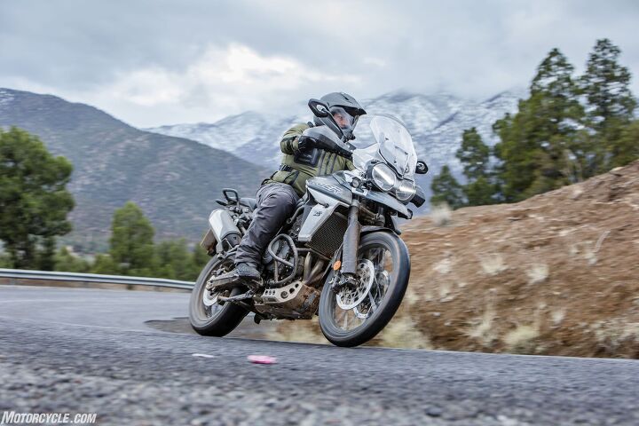 2018 triumph tiger 800 xrt and xca review first ride, While the Tiger 800 XRt s suspension and wheel package are better suited for road riding the XCa shown here sacrifices very little in the way of cornering precision while providing an extra measure of versatility when the pavement ends