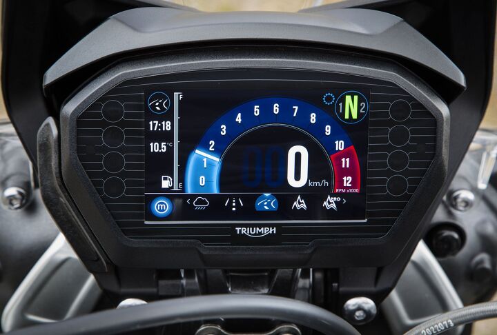2018 triumph tiger 800 xrt and xca review first ride, The Tiger 800 s 5 inch TFT instrument display boasts high and low shown contrast lighting options for easy viewing in varying light conditions There s a wealth of information available and it can be easily configured to suit the rider s needs