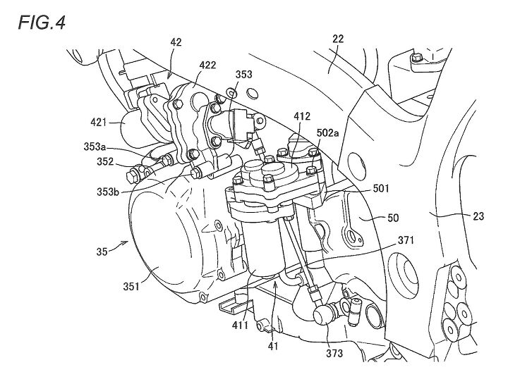 suzuki developing semi automatic transmission for the hayabusa, The clutch actuator 41 is located behind the crankcase while the shift actuator 42 is positioned above it The long cylindrical portions 411 and 421 are motors controlled by an ECU