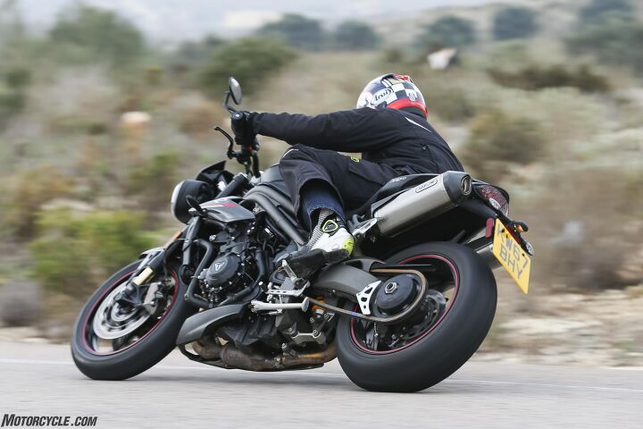 2018 triumph speed triple rs first ride review, Outfitted with Pirelli Diablo Supercorsa SP tires the Speed Triple delivers confident sticktivity during aggressive riding behavior