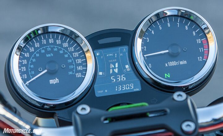 live with it 2018 kawasaki z900rs long term review, The bullet style analog speedo and tach are definitely vintage looking but they tell you everything you need to know and nothing you don t The LCD screen in the middle takes care of the rest and lays everything else out very simply My favorite part of the whole arrangement though is that when the needles are vertical the speedo reads 75 and the tach 6k In the Z900RS case this let s you know when you re speeding or when you re right in the meat of the torque curve This approach is similar to an old racing trick racers would use before shift lights became common Without having to look at each gauge and only using your peripherals if the needles were vertical or close to you knew you were good or had to shift or however they had it set up