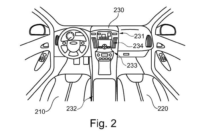 ford patents car with deployable motorcycle, The car s infotainment system 232 is actually part of the bike itself The saddle 232 is between the driver and passenger seats