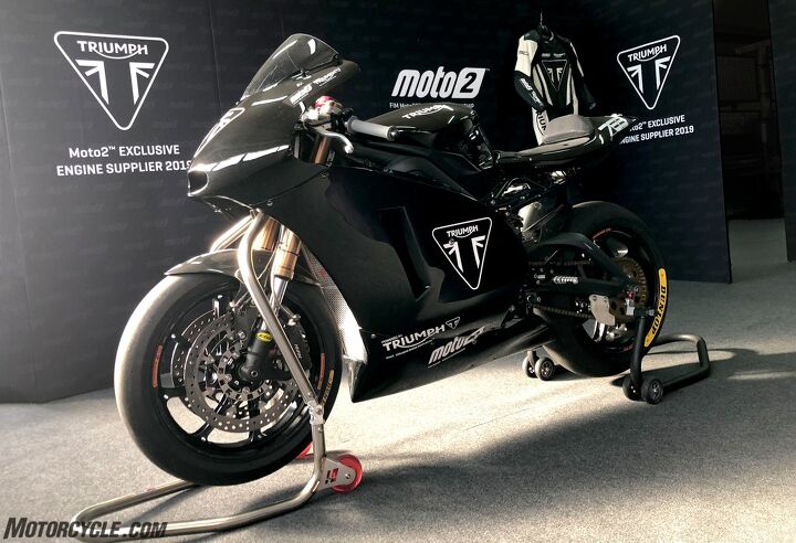 could a triumph daytona 765 be on the way, Triumph s Moto2 test mule is based on a Daytona 675 chassis If you look at the frame and swingarm you ll see these pieces clearly look like cast production units Same for the K Tech fork and Nissin caliper