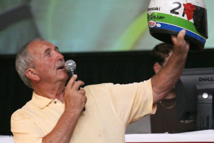 gavin trippe 1940 2018, Gavin Trippe from the 2006 Monterey Classic Bike Auction displaying one of Eddie Lawson s helmets