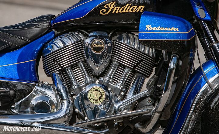 2018 indian roadmaster elite review, The heart of the beast the Thunder Stroke 111 with 23K gold leaf emblems The Indian and Roadmaster signage is also gold helping justify its lofty price tag