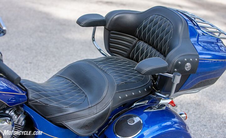 2018 indian roadmaster elite review, Both you and your passenger should be comfortable for miles on end There s a slot behind the driver s seat where he or she can install a backrest for even more long haul comfort Surprising a couple girlfriends asked me for rides saying how comfortable the passenger seat looked I didn t have the Roadmaster long enough to take them on a ride and let them find out but with cruise control engaged I tested it out for myself Their suspicions were confirmed very comfortable