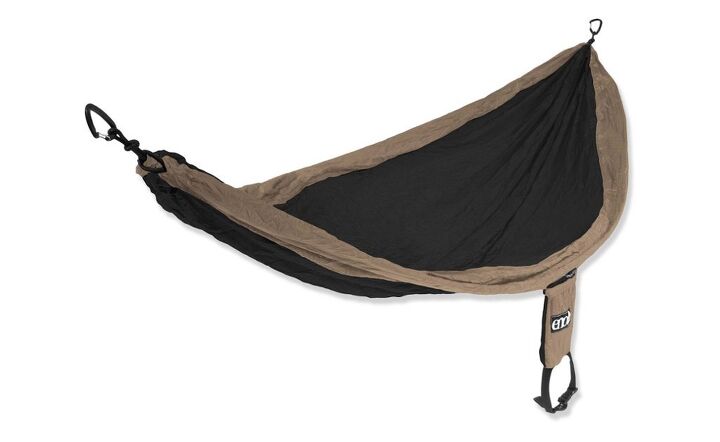 motorcycle camping gear buyer s guide beyond the basics, The ENO SingleNest Hammock is for those who take their post ride lounging seriously The hammock can hold up to 400 lbs and packs down to just 3 5 x 4 5 inches when in the built in stuff sack Available here