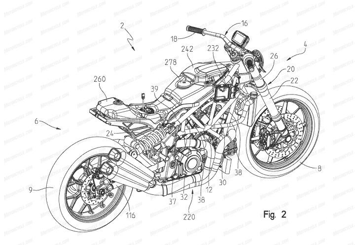 update leaked photo patent filings reveal details of 2019 indian ftr1200, The patent describes an exhaust system that ends in a pair of silencers to the right of the swingarm assembly instead of the high mounted exhausts seen on the concept Also new is the rectangular display possibly a TFT screen above the handlebar