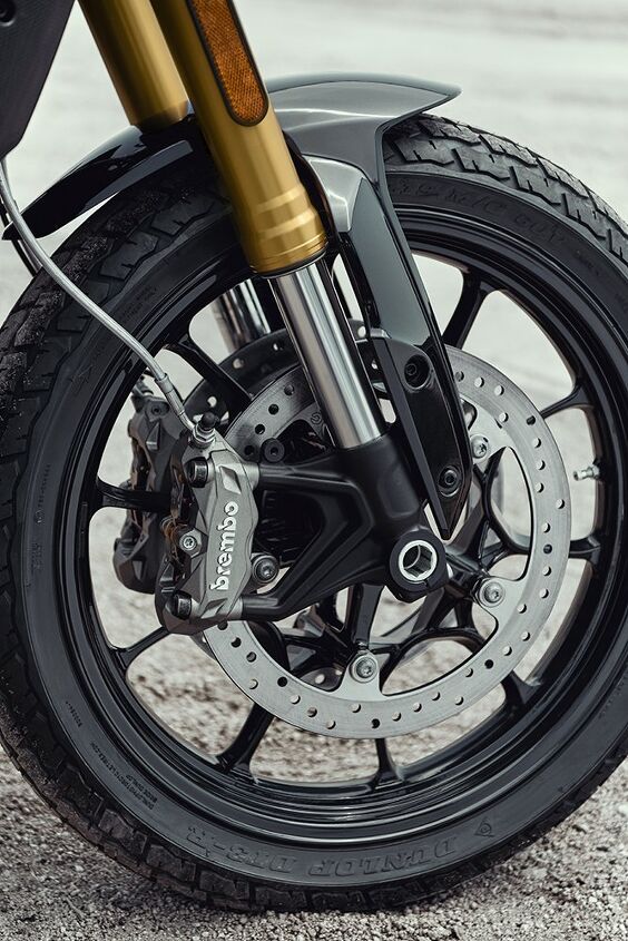 the indian ftr1200s are here, Dual 320mm discs mount directly to the wheel to decrease weight where they re clamped by Brembo Monobloc M4 32 4 piston front calipers A single 260mm semi floating disc with a Brembo P34 2 piston caliper lives out back ABS is standard on both models