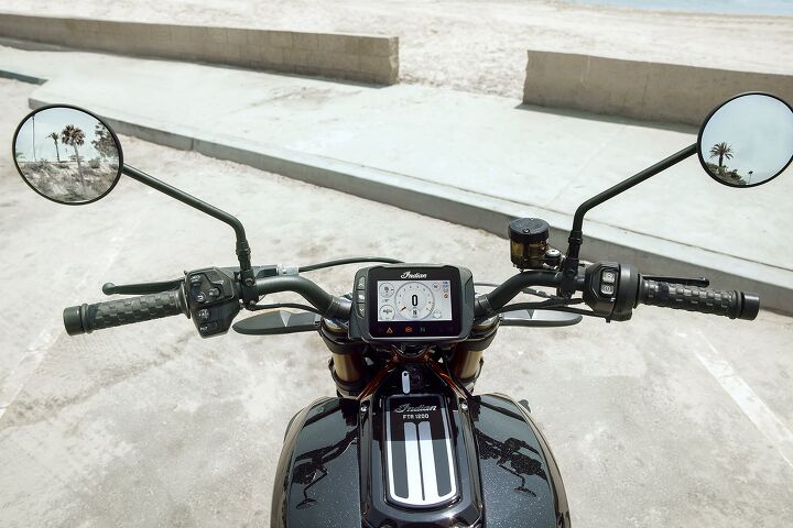 the indian ftr1200s are here, Flat track style ProTaper aluminum handlebars put your thumbs in control the FTR1200 S s Ride Command system which is also a touch screen Both base and S get cruise control Yay