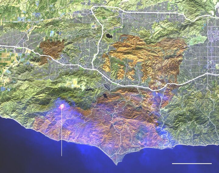 whatever fire flood pestilence business as usual, The thick line is CA Highway 101 the thin one along the coast is Pacific Coast Highway and everything in brown is toasted Malibu Latigo Cyn Decker Cyn Mulholland Highway