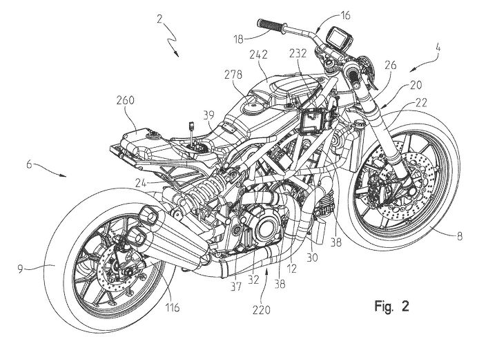 indian raven trademark filing may hint at follow up to the indian ftr1200, A key aspect of the modular design is the placement of the airbox 242 and underseat fuel tank 260 that can fit with different frame designs