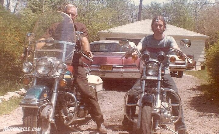 countersteer the story of ryland s wakeley, Sr and Jr posing together in the seventies on their respective hogs