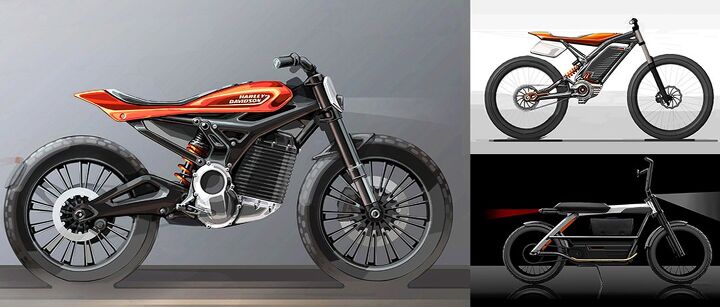 harley davidson reveals two electric urban mobility concepts at ces, The two concepts match the smaller design sketches on the right The larger design sketch on the left is a preview of one of two electric motorcycles that will follow the LiveWire in 2021 and 2022