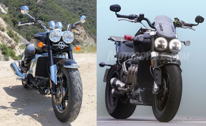 2020 triumph rocket iii spy photos, On the left is the 2010 Triumph Rocket III Roadster while the new model is pictured on the right The front fork is a lot stockier and the twin headlights now LEDs are mounted much lower making room for a small flyscreen