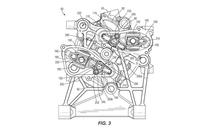 patent filing reveals new harley davidson pushrod engine design, The new engine design has the two pushrods each directly moving a single rocker arm one for the two intake valves and the other for the exhaust valves