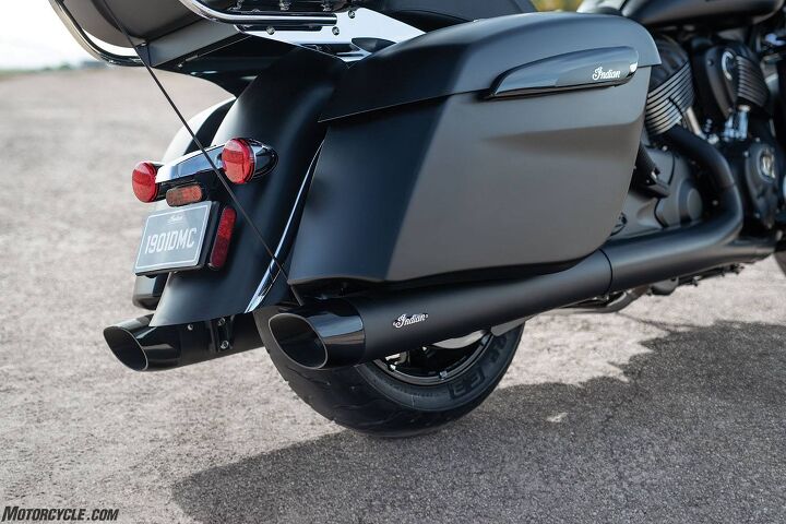 2020 indian roadmaster dark horse review first ride, The darkest of the Dark Horses seen here in Thunder Black Smoke is complemented by a pair of Oval Slip Ons 999 which are among 200 accessories available for the bike from Indian