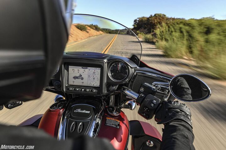 2020 indian roadmaster dark horse review first ride, Birds eye view behind the 34 in wide handlebar with 6 in rise is dominated by the Ride Command infotainment unit s 7 in screen which can be customized to display a dizzying array of info including ground and engine speed No doubt the analog speedo and tachometer aren t too happy about this Photo by Barry Hathaway