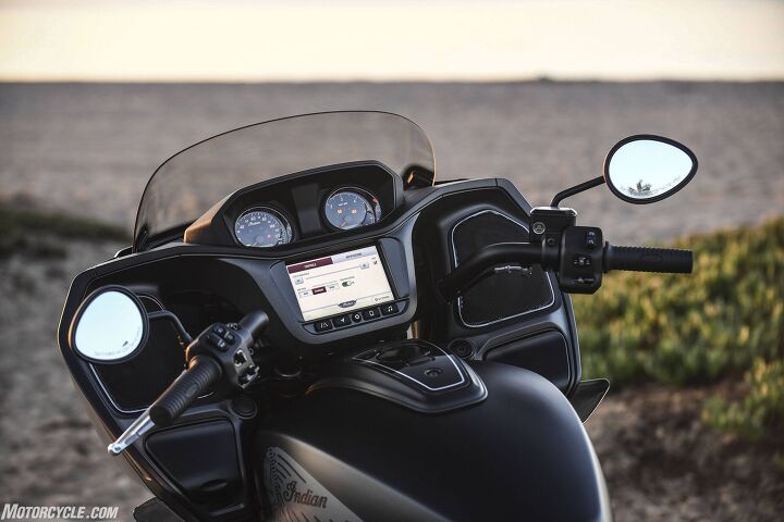 2020 indian challenger review first ride, The cockpit its sides anyway are dominated by a pair of huge speakers 100 watts per channel lets you listen to talk radio at 80 or blast Perry Como s Greatest Hits Indian says its 7 inch Ride Command touchscreen is the biggest one on two wheels Dark Horse and Limited bikes come with two years of renewable connected services that feature weather and traffic overlays turn by turn navigation key vehicle information Bluetooth and USB mobile pairing and an all new quadcore processor for faster response