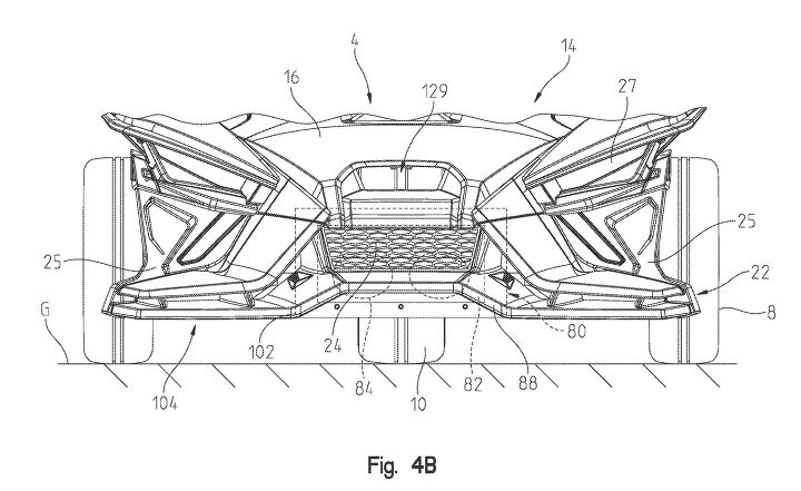 2020 polaris slingshot getting new engine automatic transmission, The two dotted shapes behind the grille indicate two radiator fans described in the patent The current Slingshot s radiator uses just a single fan