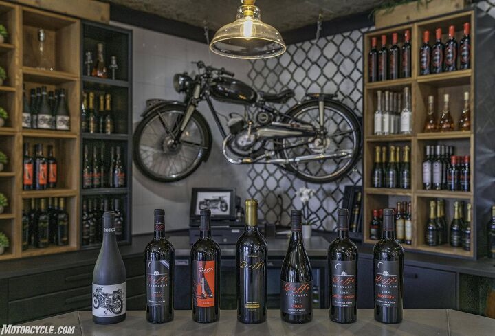 moto doffo wine makers and motorcycle racers, From left to right 2016 Motodoffo Gran Tinto 2017 Malbec 2016 Salute 2017 Cabernet Sauvignon Private Reserve 2016 Syrah 2017 Cabernet Sauvignon and 2016 Mistura Supervision provided by a 1947 Puma Series 2