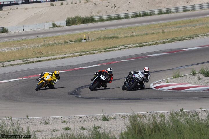 bmw r ninet part three new friends and the great salt lake, Gary Orr 034 admirably trying to fight off a pair of Kramer HKR s piloted by Andrew Pignataro 41 and Matt O Rourke 2c in Ecstasy corner during the Sound of Thunder 2 race