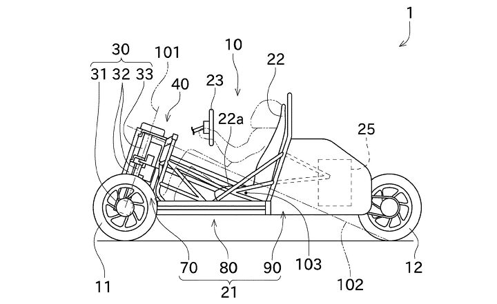 kawasaki is developing a slingshot competitor that leans, Kawasaki s proposed three wheeler rolls along an axis labelled here as 102 that runs diagonally from the the lean mechanism at the front to the center of the rear wheel s contact patch The center of gravity 103 is at seat level and is below the roll axis for most of the vehicle s length