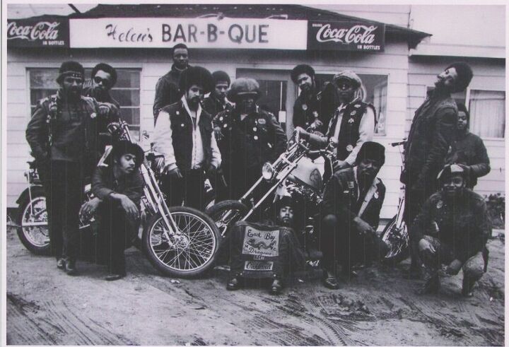 skidmarks black lives motor, East Bay Dragons at their favorite BBQ joint Oakland c 1970 Photo East Bay Dragons Collection