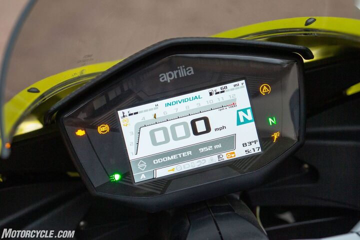 2021 aprilia rs660 review first ride, A bright and clear TFT display tells you everything you need to know including gear position and fuel level with the selected ride mode prominently displayed at the top Individual in this case Menus are easy to navigate via the buttons on the bars