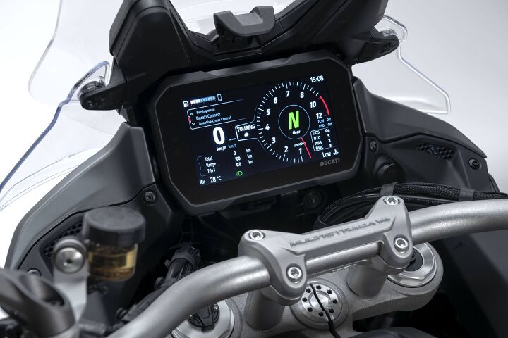2021 ducati multistrada v4 first look, A full color TFT screen helps keep track of all the electronics The Multistrada V4 comes with a 5 screen while the V4 S and V4 S Sport receive a larger 6 5 display