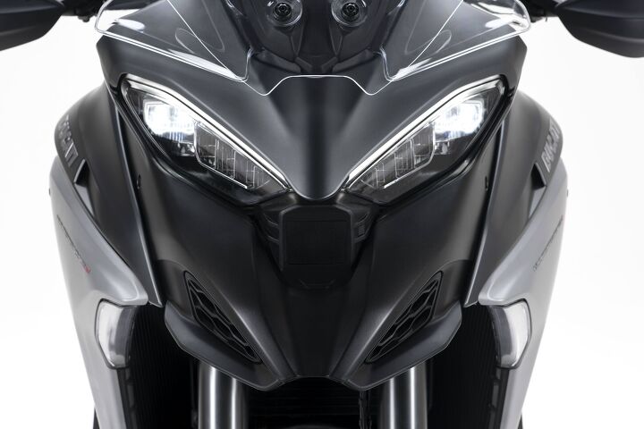 2021 ducati multistrada v4 first look, The front Bosch radar unit is mounted between the headlights while the rear unit sits under the taillight US models will come with the hardware but the software features won t be activated until they receive certification
