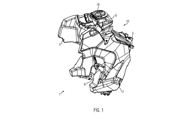 2021 ktm 1290 super adventure revealed in patent filings, The fuel pump is located at the bottom of the left tank body while the fuel level meter is at the bottom of the right tank body A hose connects the two tank bodies at the bottom helping keep the fuel level equal in either side