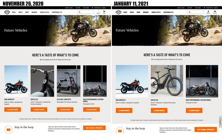 harley davidson s electric future in doubt, An archived version of the Future Vehicles page shows the electric concepts as recently as Nov 26 2020 Today they are no longer listed