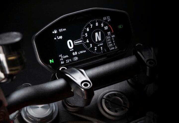 2021 ducati monster review first ride, On the 4 3 inch TFT display it s easy to go in and dial everything up or down as desired That s a good thing since the Monster inspires more risky behavior than most Putting the gear position indicator right inside the tach was smart Your Bluetooth module is available as an accessory