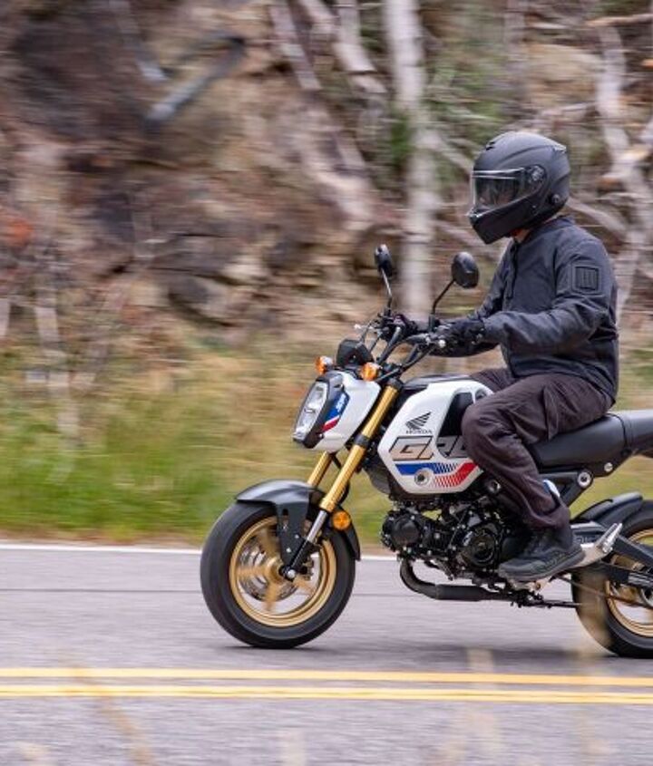 2022 honda grom review first ride, Is fetching no The Pearl White with its oh so 80s tricolor scheme will set you back 3 499 100 more than the Matte Black Metallic or Queen Bee Yellow but 100 less than the Candy Blue which features an IMU equipped ABS front brake