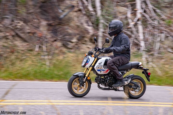 2022 honda grom review first ride, Is fetching no The Pearl White with its oh so 80s tricolor scheme will set you back 3 499 100 more than the Matte Black Metallic or Queen Bee Yellow but 100 less than the Candy Blue which features an IMU equipped ABS front brake