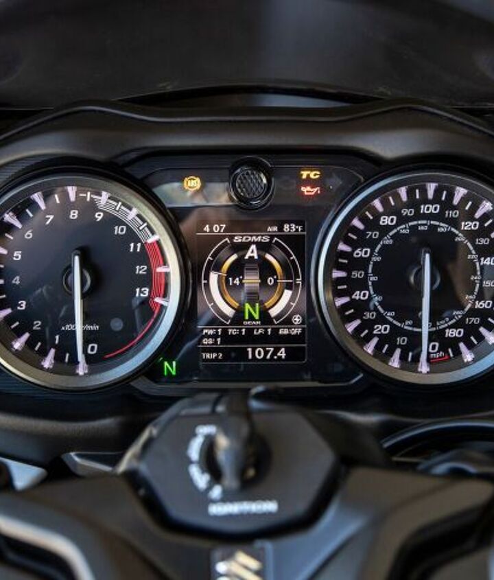 2022 suzuki hayabusa review first ride, The wide sweeping gauges are old school easy to glance at while the center TFT can display a gamut of adjustable information which includes an artificial horizon for when you take off