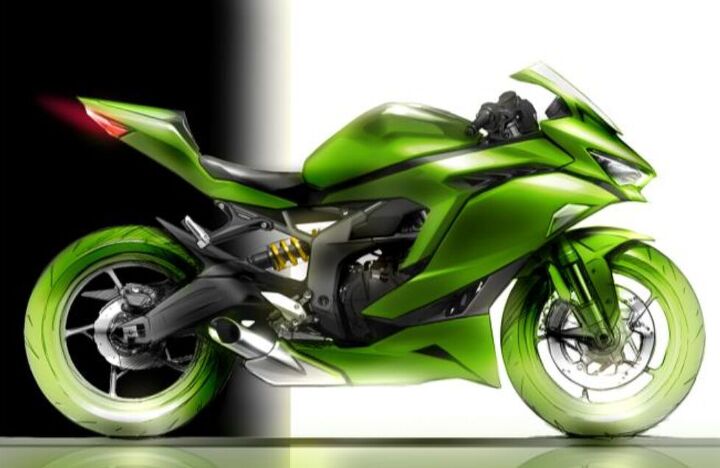 kawasaki commits to a future of electrics hybrids and hydrogen fueled motorcycles, Kawasaki s presentation included this sketch of what could be a future Ninja The swingarm and exhaust layout look similar to the Ninja 650 but what little we see of the engine resembles the Ninja 400
