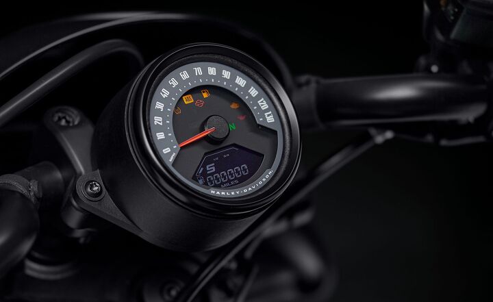 2022 harley davidson nightster rh975 first look, The 4 inch diameter instrument cluster consists of an analog speedometer with an inset multi function LED