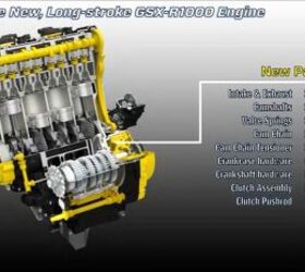 2022 suzuki gsx s1000gt review first ride, It may not look like much but all those new pieces in yellow really transform this engine and give it usable power for the real world