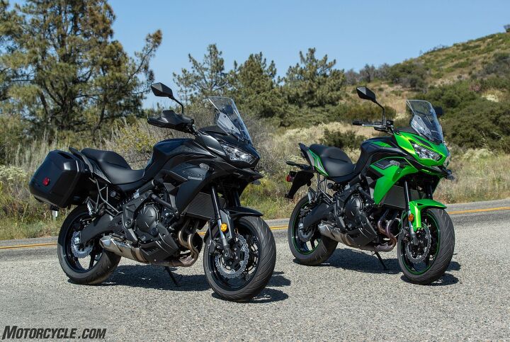 2022 kawasaki versys 650 lt review first ride, Thirteen years later and the Versys is still around now with a few updates but largely the same bike as before Standard version on the right LT version with saddlebags and hand guards on the left