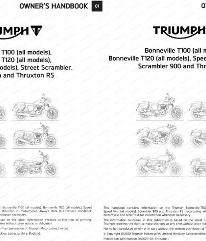 official triumph owner s manual confirms speed twin and scrambler name changes, The cover for the 2022 manual for Triumph s Modern Classics is on the left and the updated 2023 cover is on the right The copyright is dated November 2021 for the 2022 manual and January 2022 for the 2023 manual