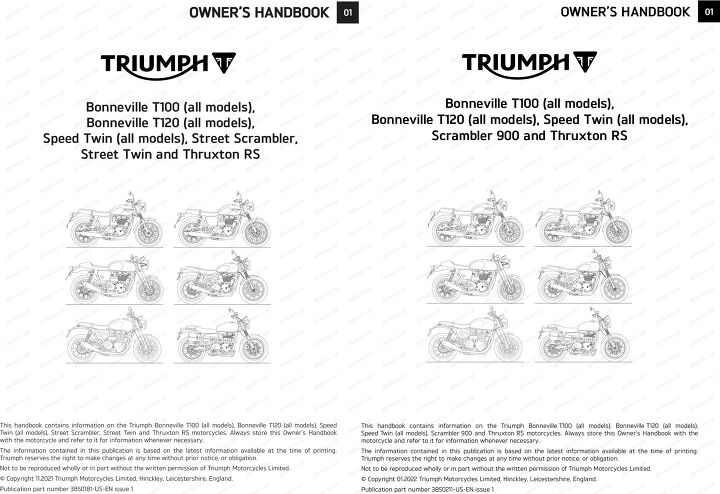official triumph owner s manual confirms speed twin and scrambler name changes, The cover for the 2022 manual for Triumph s Modern Classics is on the left and the updated 2023 cover is on the right The copyright is dated November 2021 for the 2022 manual and January 2022 for the 2023 manual