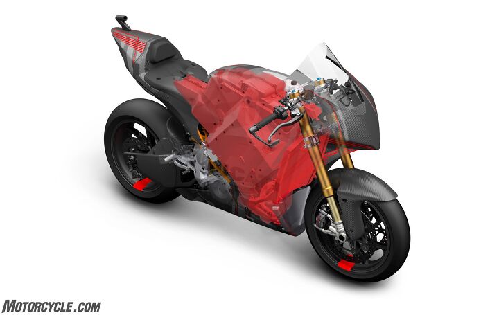 world exclusive ducati v21l motoe prototype first look, Shown in red is the battery housing Notice that it s tilted rearward not entirely unlike some internal combustion engines in motorcycles though not to this degree Most of the housing contains battery cells but wedged in between there is the circuitry for liquid cooling Note the radiator and associated cooling system in front of the battery