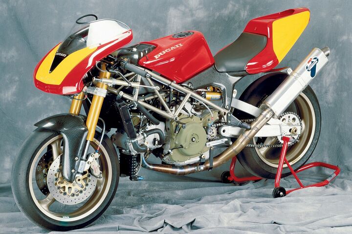 falloon files 1993 ducati supermono, The magnesium engine cases match the top triple clamp and help keep the weight down to around 300 pounds Wet