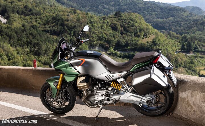 2023 moto guzzi v100 mandello s review first ride, Add on the accessory bags which connect with nifty pins on the bottom of the pillion seat base and the V100 is ready to go on an extended tour