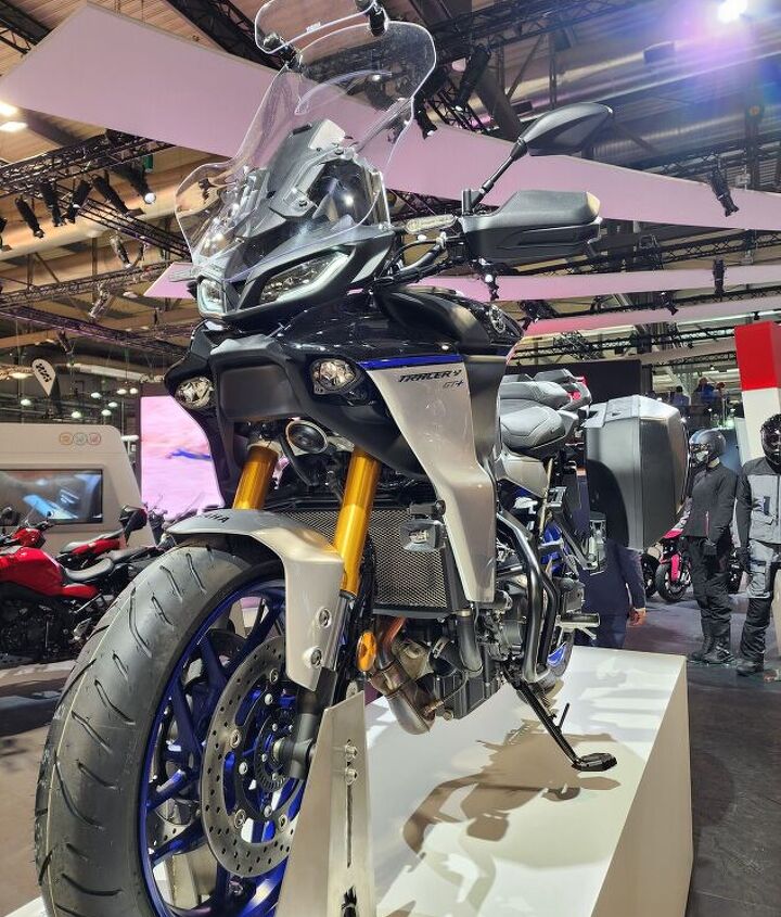 2023 yamaha tracer 9 gt and tracer 9 gt first look, The Yamaha Tracer 9 GT on the EICMA showfloor Photo by Ryan Adams