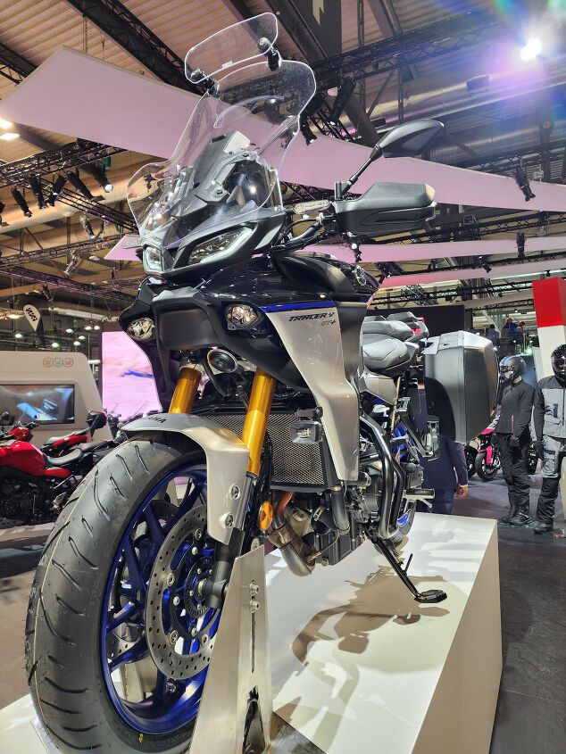2023 yamaha tracer 9 gt and tracer 9 gt first look, The Yamaha Tracer 9 GT on the EICMA showfloor Photo by Ryan Adams